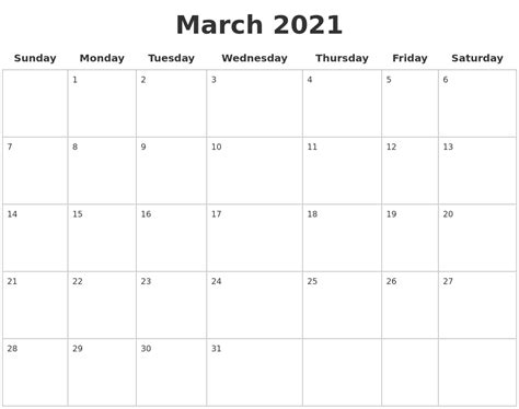 March 2021 Blank Calendar Pages