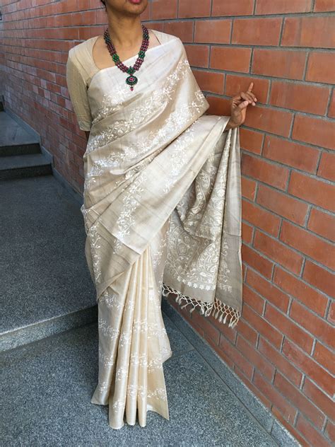 embroidered tussar silks in 2020 saree tussar silk saree silk sarees