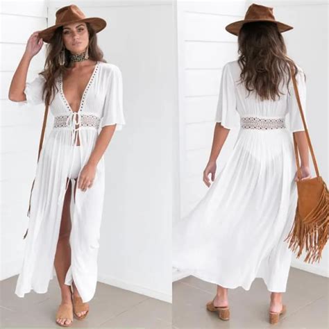 Solid White Plus Size Women Beach Cover Ups Long Knit Hollow Out Swim Wear Cover Up