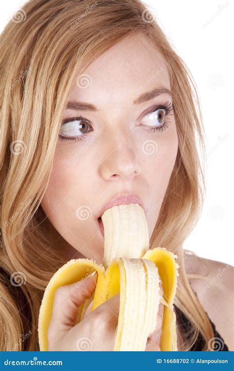Banana In Womans Mouth Look Sideways Stock Photo Image Of Lifestyle Hungry