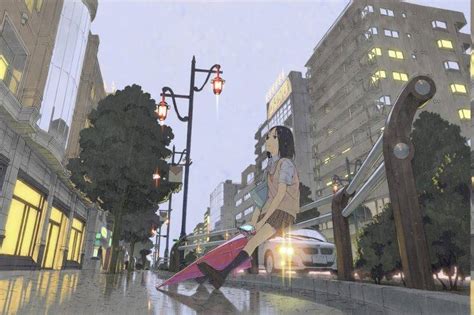 Umbrella Rain City Schoolgirls Alone Waiting Anime