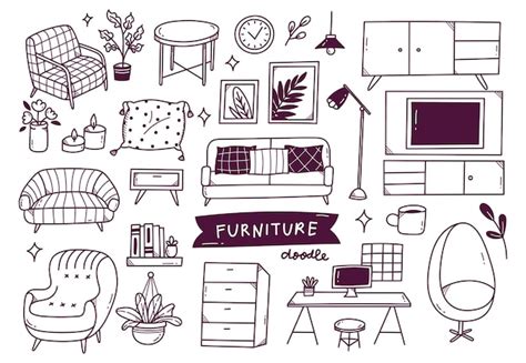 Premium Vector Set Of Interior Object In Hand Drawn Doodle Style