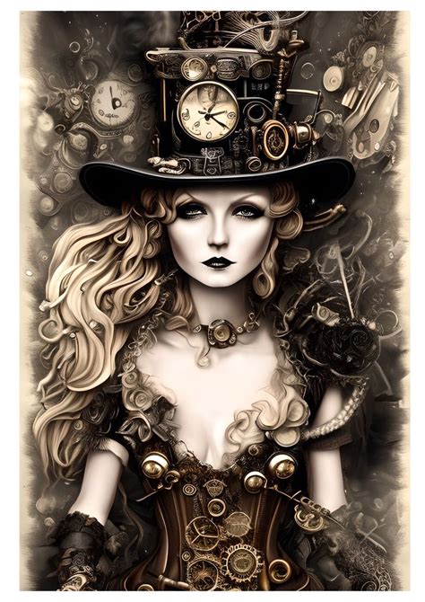 a woman in steampunk clothing with a clock on her head and gears all over her body
