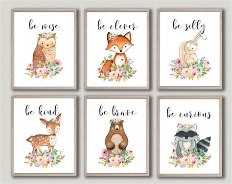 Set Of 6 Woodland Animal Prints Baby Girl Nursery Wall Art Etsy In