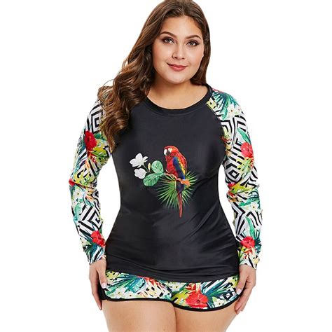 Plus Size Parrot And Floral Print Long Sleeve Surf Bathing Swim Suit