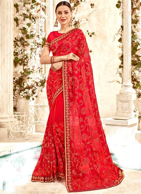 Voluptous Red Color Georgette Saree Trendy Sarees Fancy Sarees Party