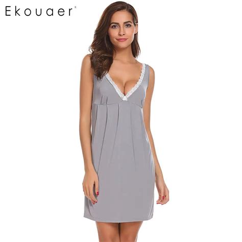 Ekouaer Night Dress Women Sexy Chemise Lingerie Nightgowns V Neck Sleeveless Lace Trimmed