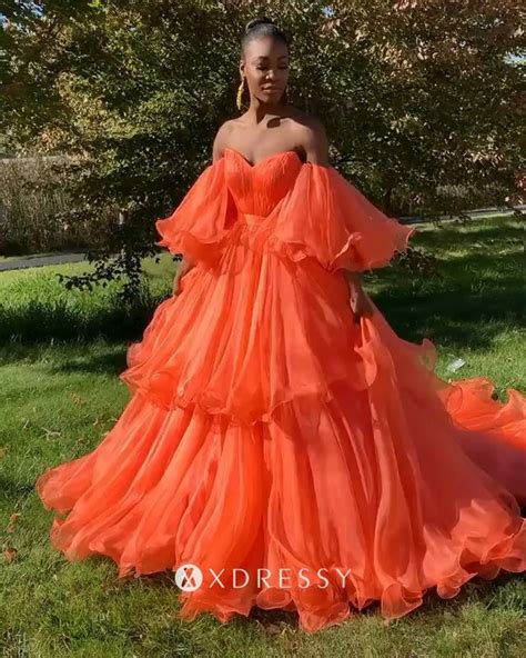 Strapless Flounced Puffy Orange Layered Ball Gown In 2022 Orange Prom Dresses Prom Dresses