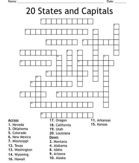 20 States And Capitals Crossword Wordmint