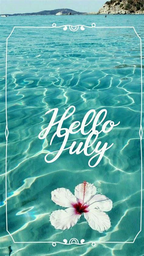 a white flower floating on top of water with the words hello july written above it
