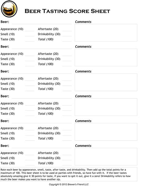 Free Printable Beer Tasting Score Sheet
