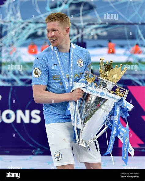 Manchester City S Kevin De Bruyne With The Trophy After The Premier League Match At The Etihad