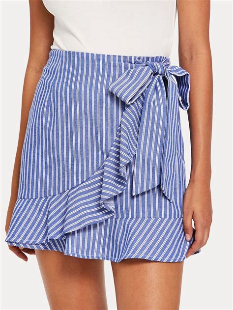 Ruffle Trim Knot Front Striped Wrap Skirt Sheinsheinside Skirt