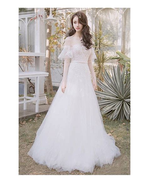 Off Shoulder Leaf Shape Lace Aline Beach Boho Wedding Dress Destination