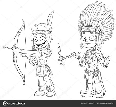 Cartoon Indian Chief With Pipe Young Warrior Character Vector Set