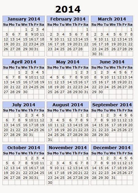Yearly Calendar 2014 Printable Calendar 2014 Blank Calendar 2014