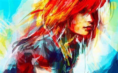 Wallpaper Art Painting Colorful Hair Girl Face Abstract