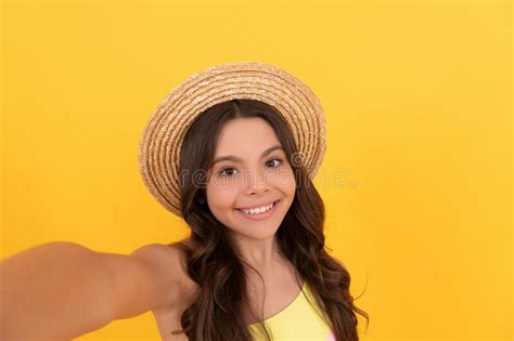 Cool Teen Girl Having Fun Cheerful Child With Curly Hair Make Selfie