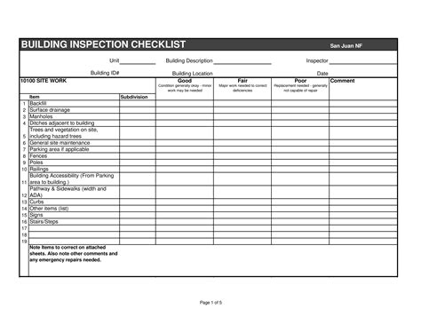 Building Inspection Checklist Template Excel