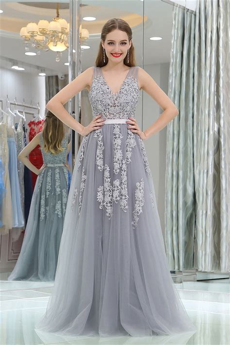 They are the best choice for all your occasions. Princess A Line V Neck Long Silver Tulle Lace Prom Dress ...