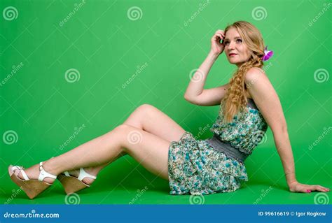 Beautiful Romantic Girl Blonde In Summer Dress With Orchid Flower Stock Image Image Of Blond