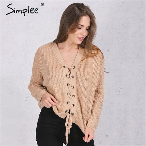 Simplee Lace Up Nude Thin Sweater Women Autumn Winter Loose Knitted V
