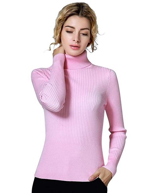 Ninovino Womens Turtleneck Ribbed Long Sleeve Jumper Sweater Pink Xl