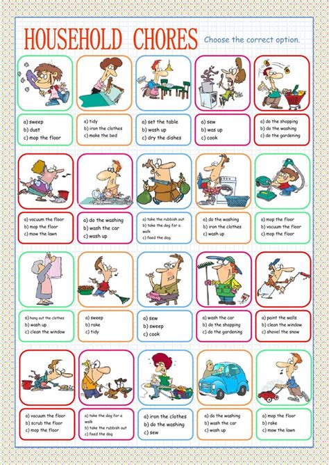 Household Chores Multiple Choice Interactive Worksheet Material