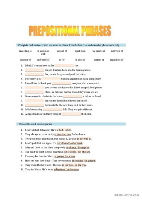 Prepositional Phrases General Gramma English Esl Worksheets Pdf And Doc