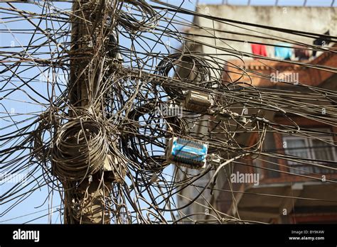 Very Messy Electric Cables In Asian City Kathmandunepal Stock Photo
