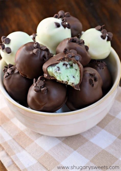 Mixing bowl + ice cream + chocolate bar + spice leaf. Mint Chocolate Chip Truffles - Shugary Sweets