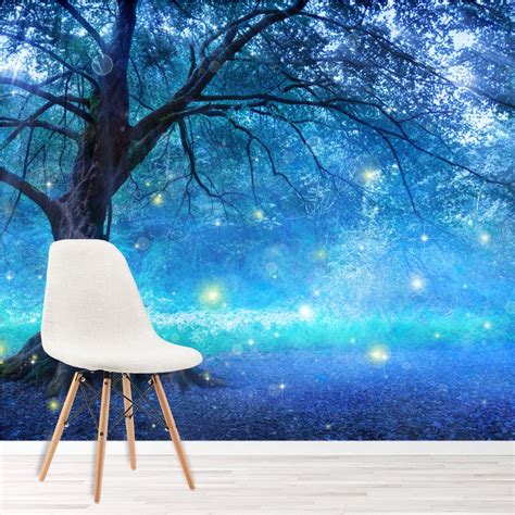 Create a fun enchanted fairy forest bedroom with wee folk furnishings, and novelty accents, and fun mythical plush animals and unique castle theme beds. Blue Fairy Tree Wall Mural Fairytale Forest Wallpaper Girls Bedroom Photo Decor