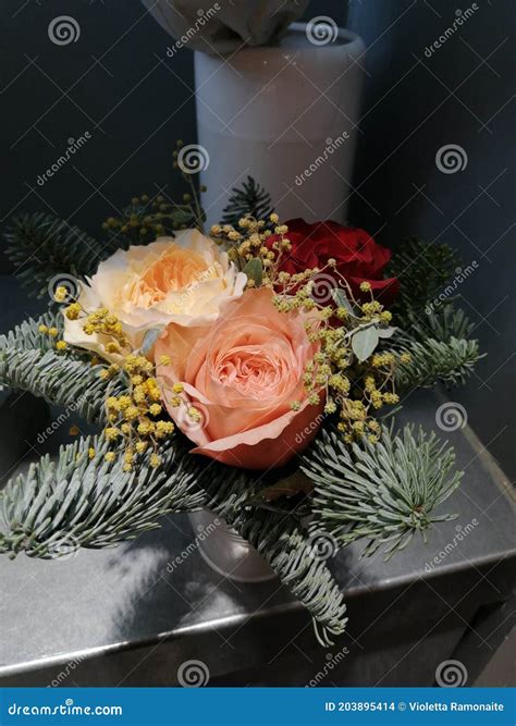 Delicate Miniature Bouquet Of Three Roses Of Different Colors Decorated