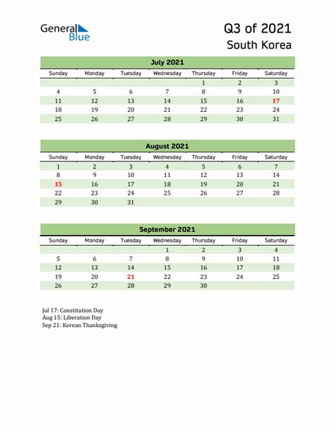 Q3 2021 Quarterly Calendar With South Korea Holidays