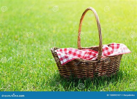 Empty Picnic Basket With Red Checkered Napkin On The Grass Stock Image