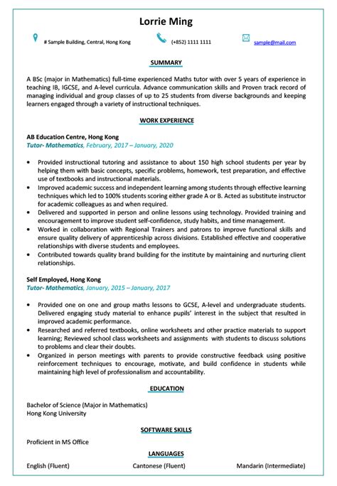 Writing a professional cv is a very important step in a job hunt. Resume & CV Sample for Tutor/Instructor | JobsDB Hong Kong