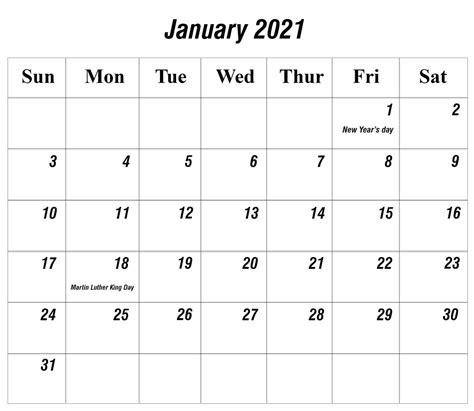 Optionally with marked federal holidays and major observances. Free January 2021 Printable Calendar Template in PDF ...