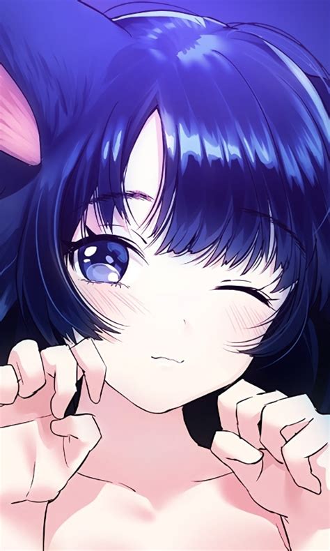 Wallpaper Neko Blue Hair Wink Cat Ears Anime Girl Resolution