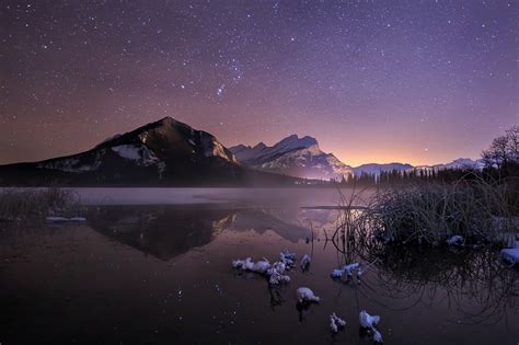 Nature Landscape Cold Winter Starry Night Frost Lake