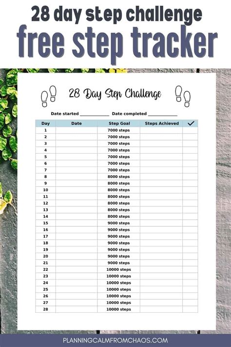 Free Printable Step Tracker 28 Day Step Challenge Planning Calm