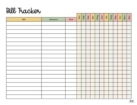 A Printable Bill Tracker Is Shown In The Form Of A Sheet With Numbers On It