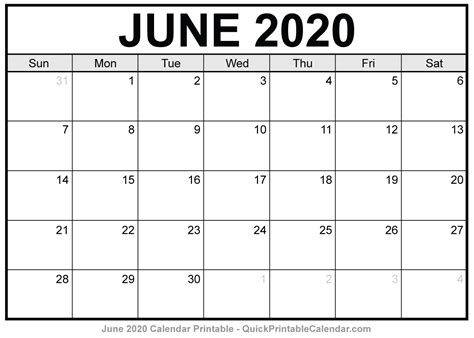 June 2020 Calendar Printable