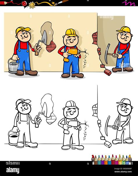 Cartoon Illustration Of Manual Workers Or Builders At Work Characters