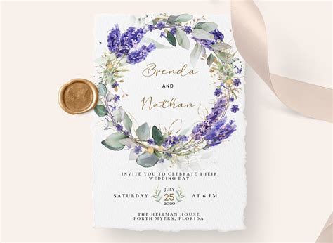 Greenery Lavender Wedding Invitation Template Boho Wedding Etsy In