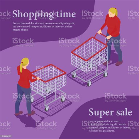 Woman With A Shopping Cart In Isometric View Stock Illustration