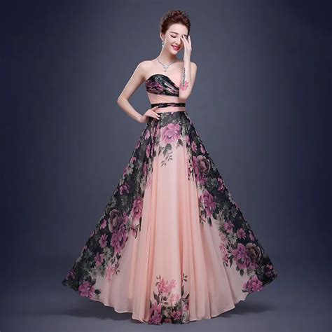 New Design Chiffon Strapless Long Dress Flower Pattern Evening Formal