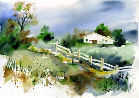 Original Watercolor Painting Country Landscape Wall Art