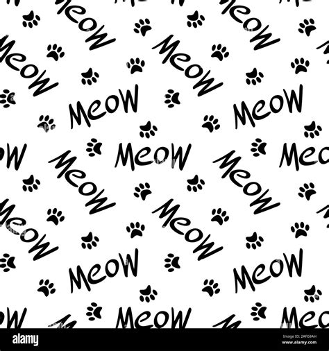 Seamless Pattern With Black Meow Lettering And Paw Prints Simple