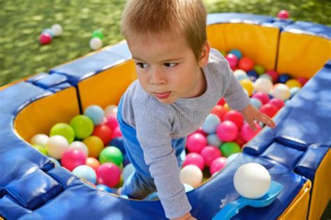 Little Boy Playing With Colorful Balls In Park Playground Stock Image