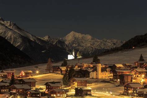 Switzerland Houses Mountains Winter Snow Night Street Lights
